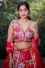 Pink Raw Silk Woven Lehenga with Mirror and Bead Work