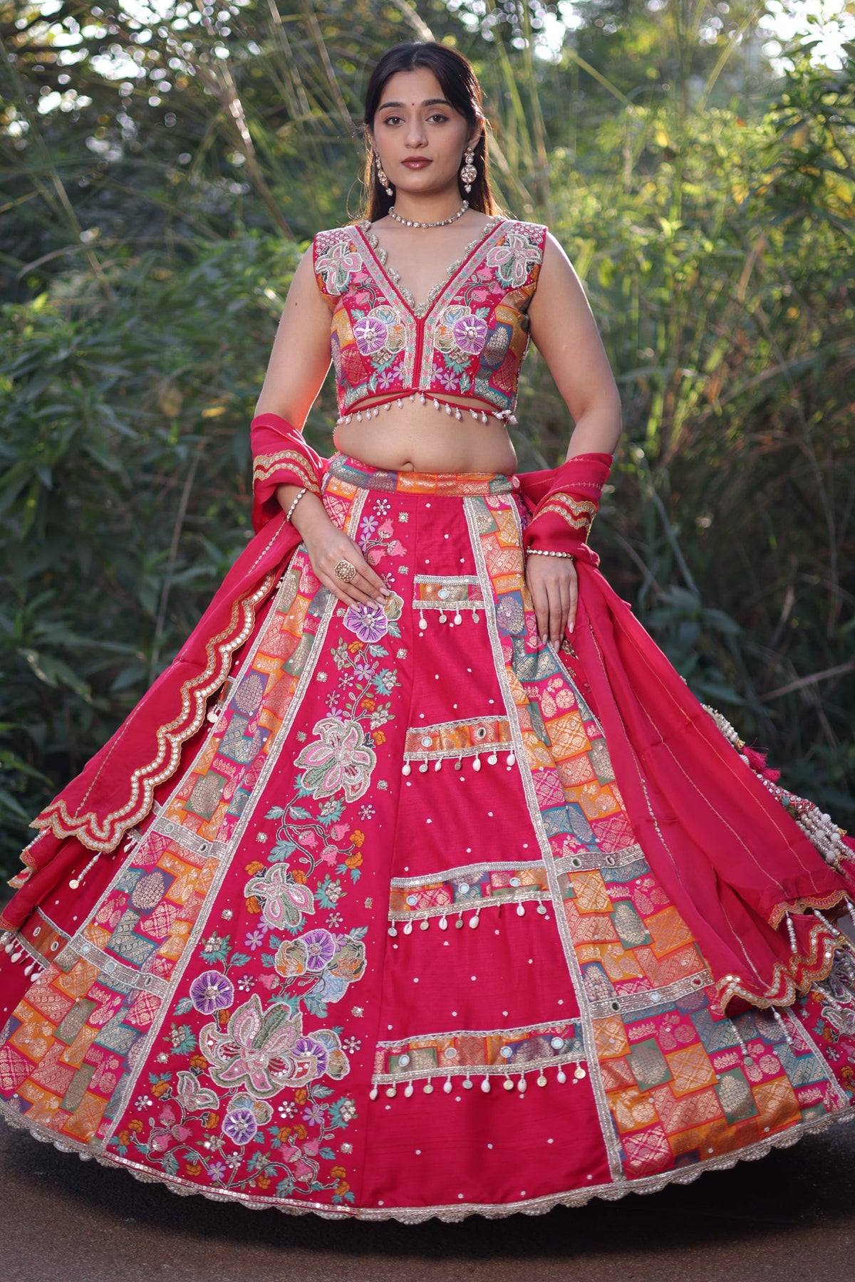 Pink Raw Silk Woven Lehenga with Mirror and Bead Work - pink silk saree