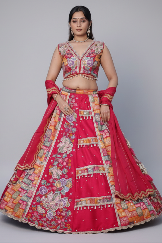 Pink Raw Silk Woven Lehenga with Mirror and Bead Work - pink silk saree Main image
