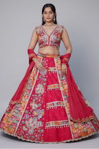 Pink Raw Silk Woven Lehenga with Mirror and Bead Work - pink silk saree