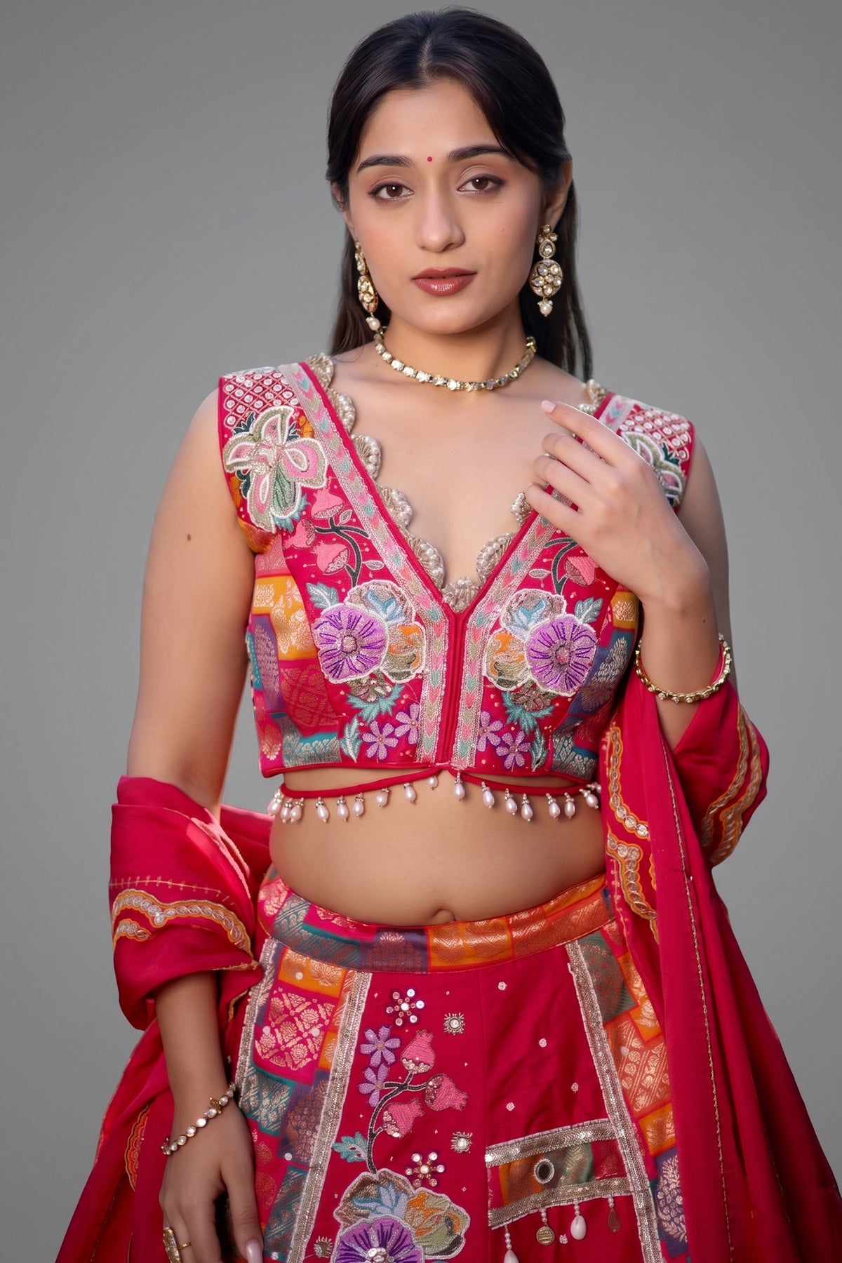 Pink Raw Silk Woven Lehenga with Mirror and Bead Work - pink silk saree