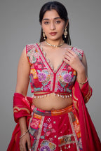 Pink Raw Silk Woven Lehenga with Mirror and Bead Work - pink silk saree