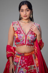 Pink Raw Silk Woven Lehenga with Mirror and Bead Work