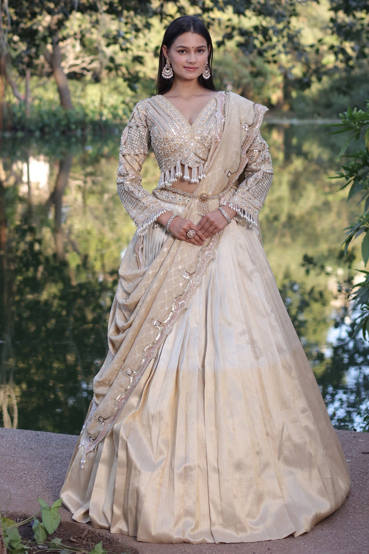 Golden Tissue Pleated Lehenga with Sequin and Bead Work Blouse - gold saree