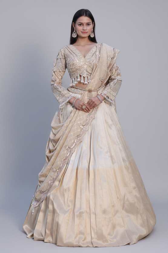 Golden Tissue Pleated Lehenga with Sequin and Bead Work Blouse - gold saree