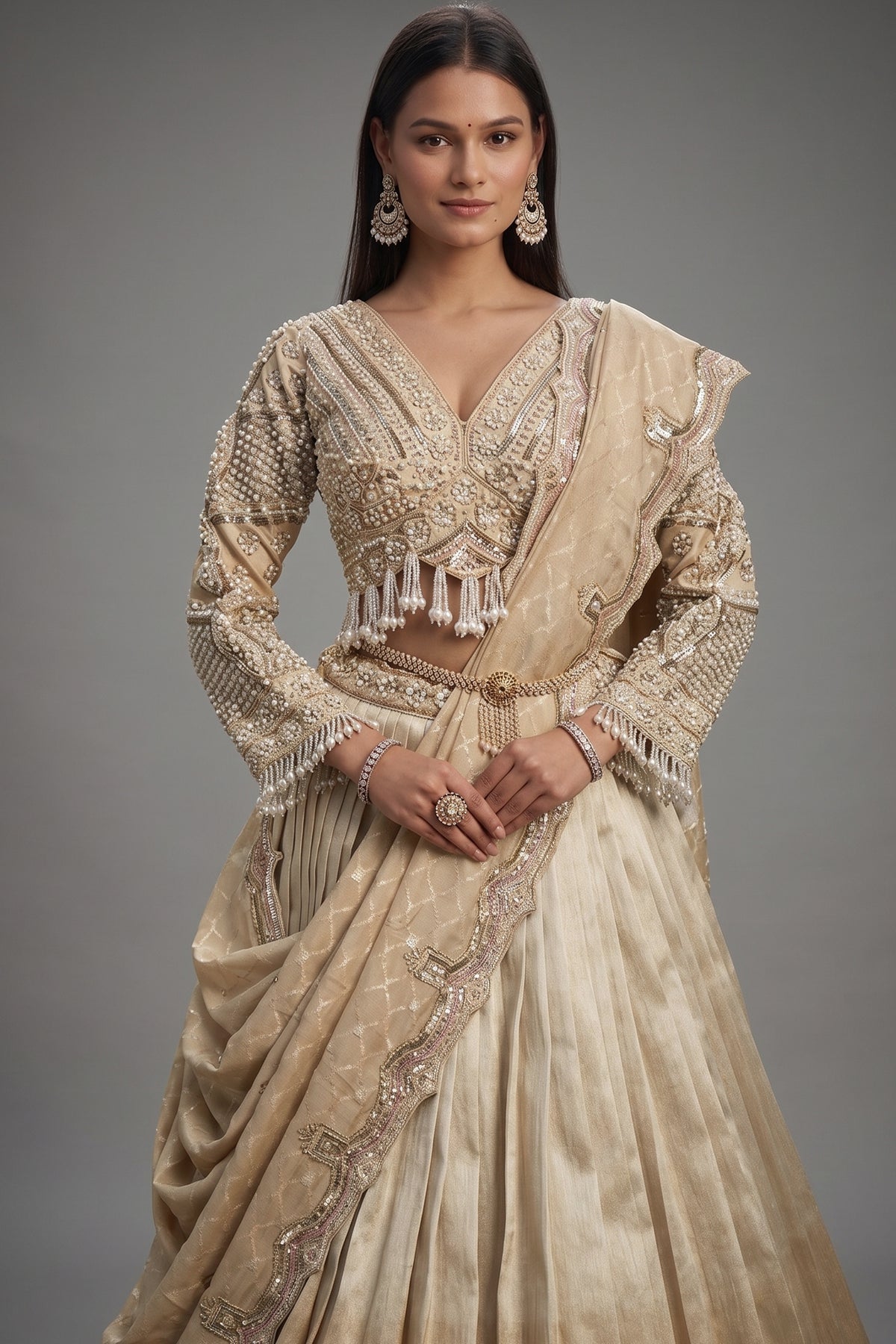 Golden Tissue Pleated Lehenga with Sequin and Bead Work Blouse - gold saree