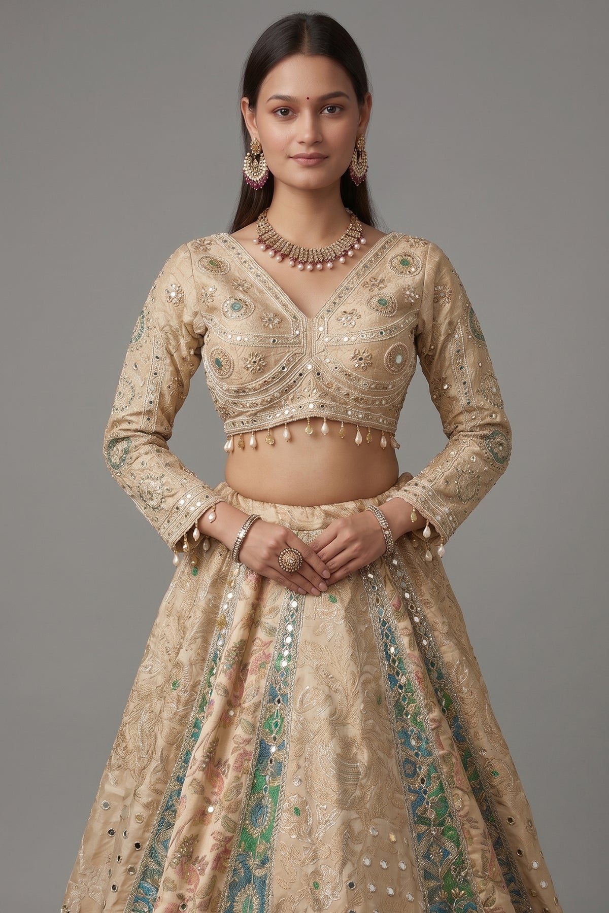 Cream and Green Tissue Mirror and Bead Work Lehenga - green saree