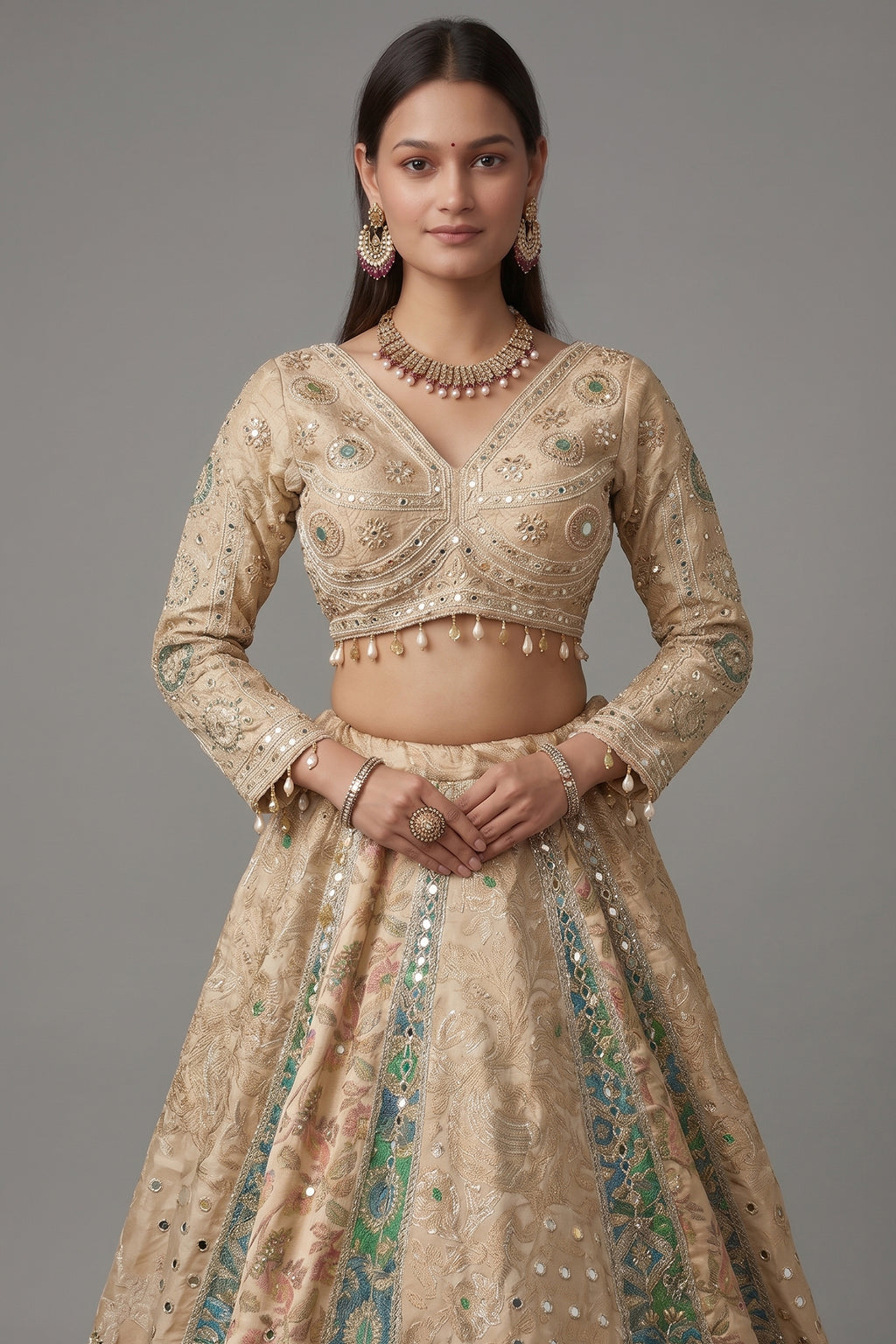 Cream and Green Tissue Mirror and Bead Work Lehenga - green saree