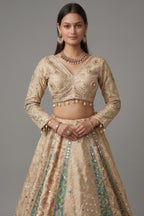 Cream and Green Tissue Mirror and Bead Work Lehenga - green saree