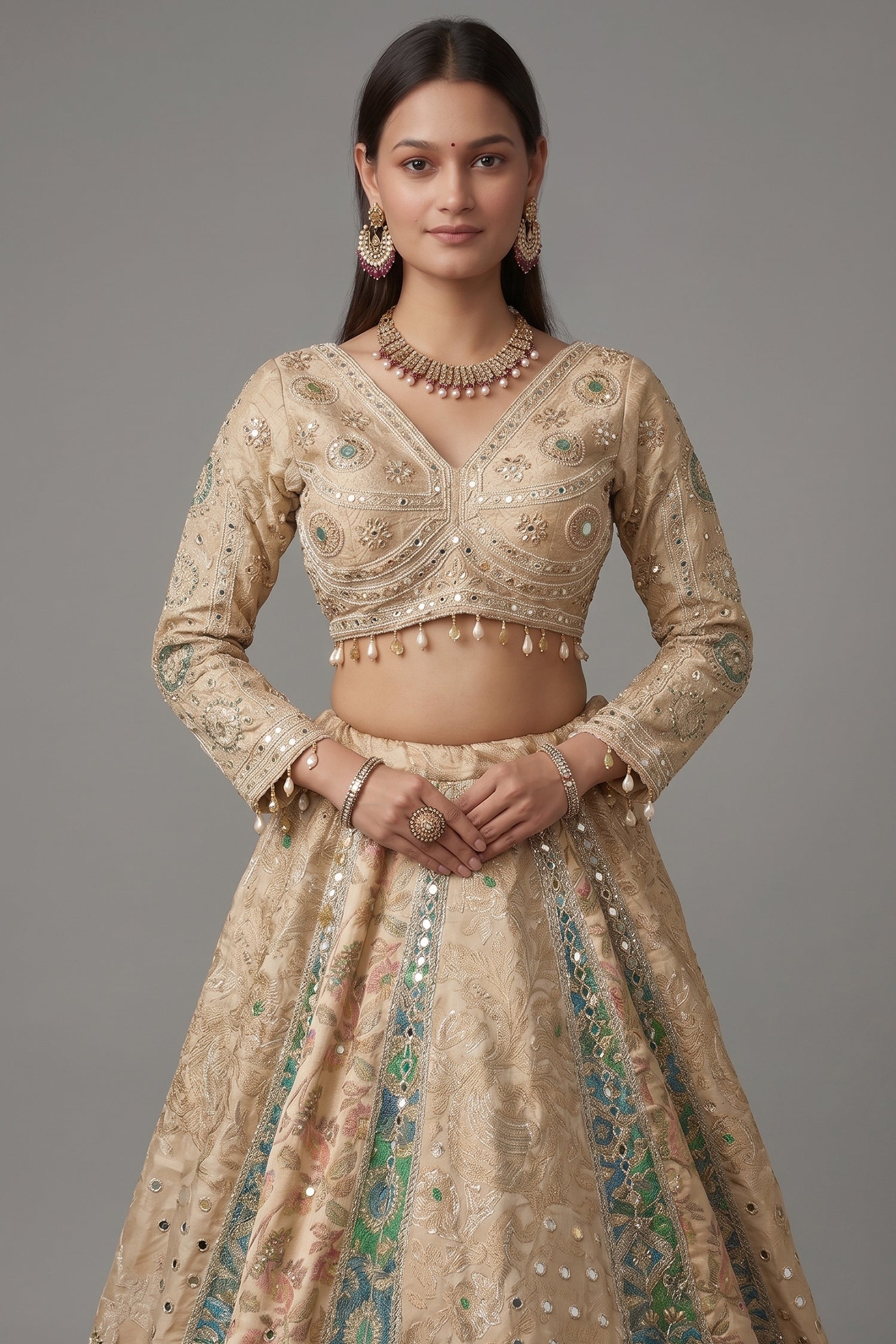 Cream and Green Tissue Mirror and Bead Work Lehenga - green saree