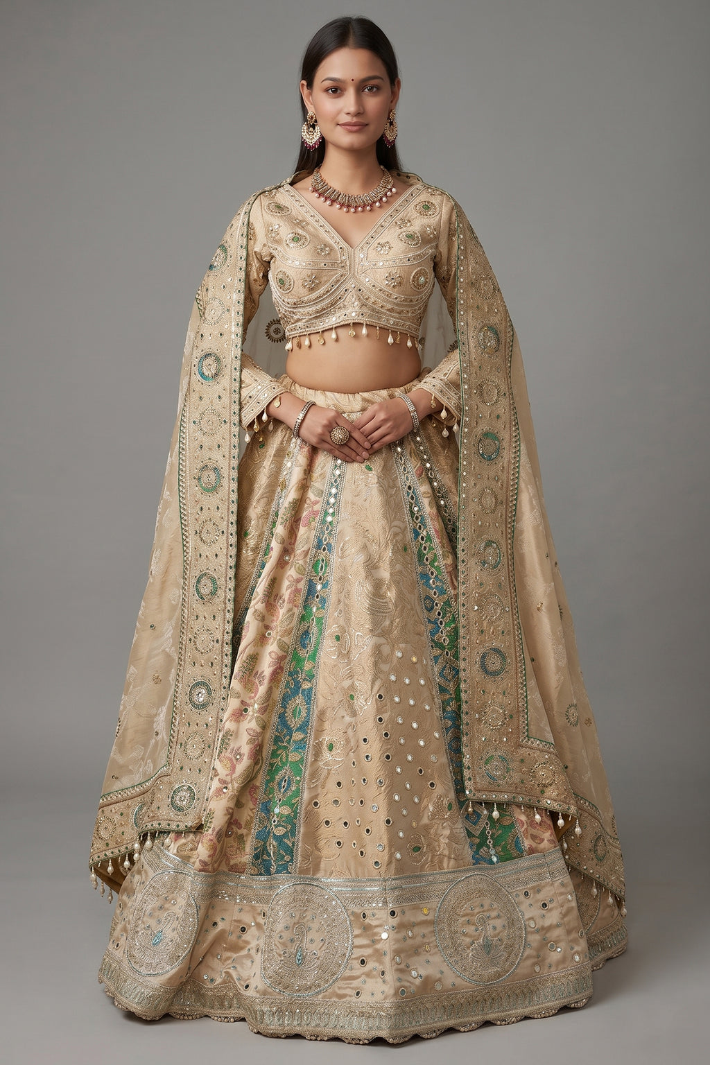 Cream and Green Tissue Mirror and Bead Work Lehenga - green saree