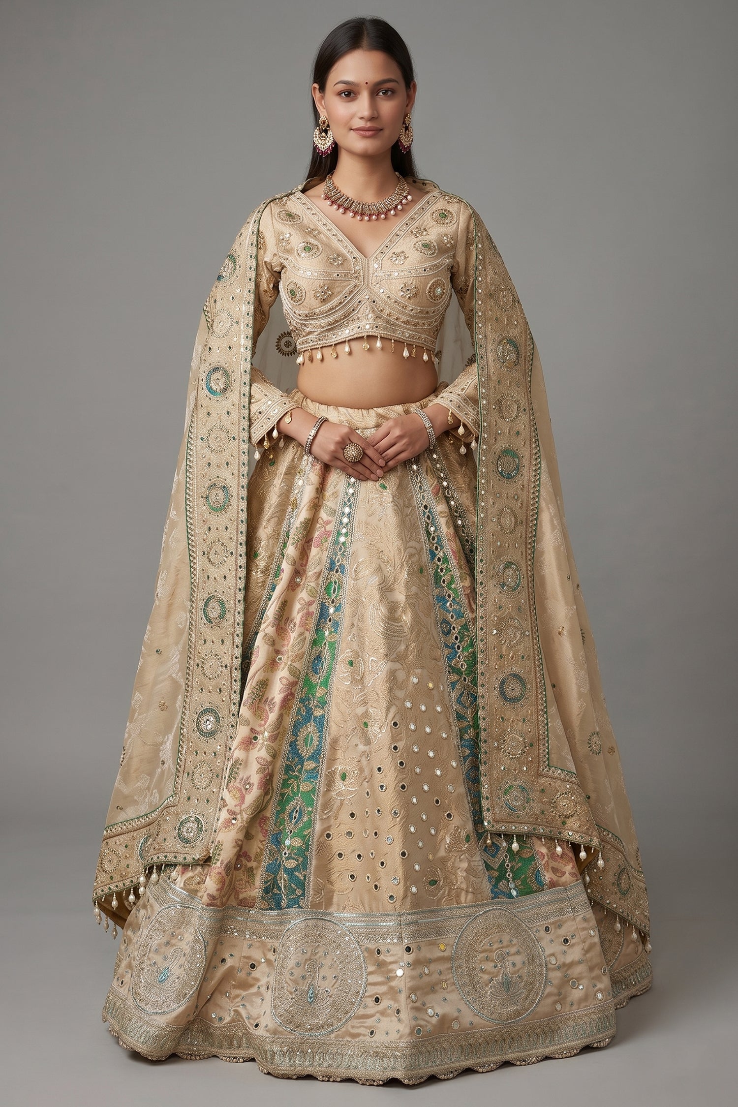 Cream and Green Tissue Mirror and Bead Work Lehenga - green saree