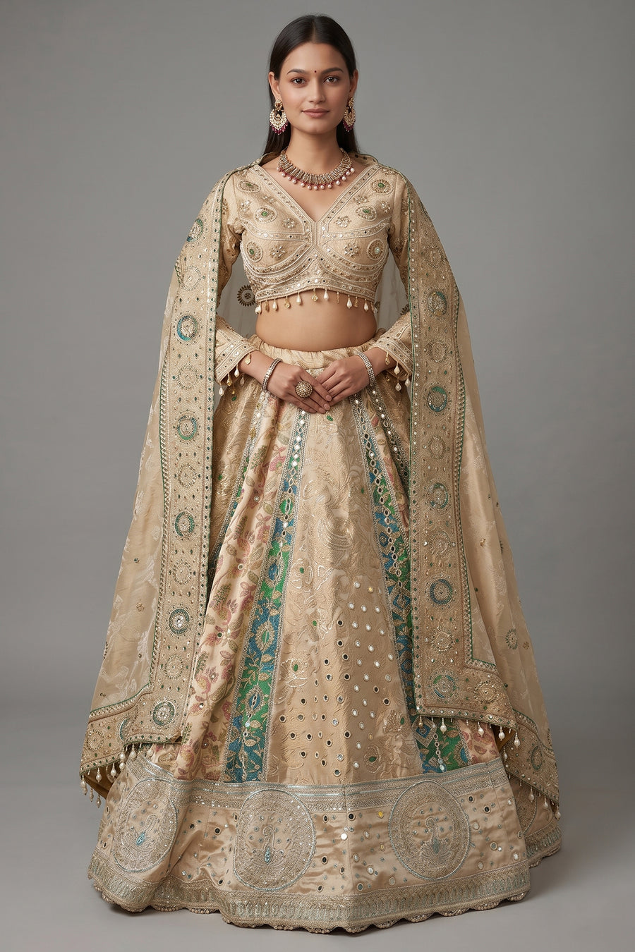 Cream and Green Tissue Mirror and Bead Work Lehenga - green saree