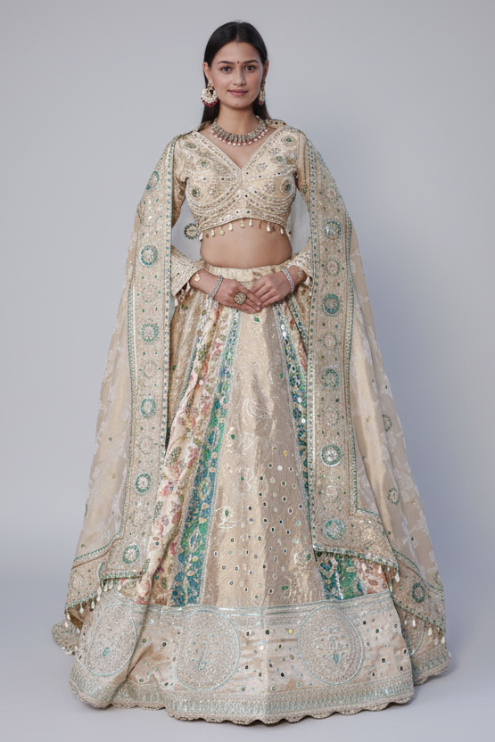 Cream and Green Tissue Mirror and Bead Work Lehenga - green saree