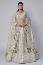 Cream and Green Tissue Mirror and Bead Work Lehenga - green saree