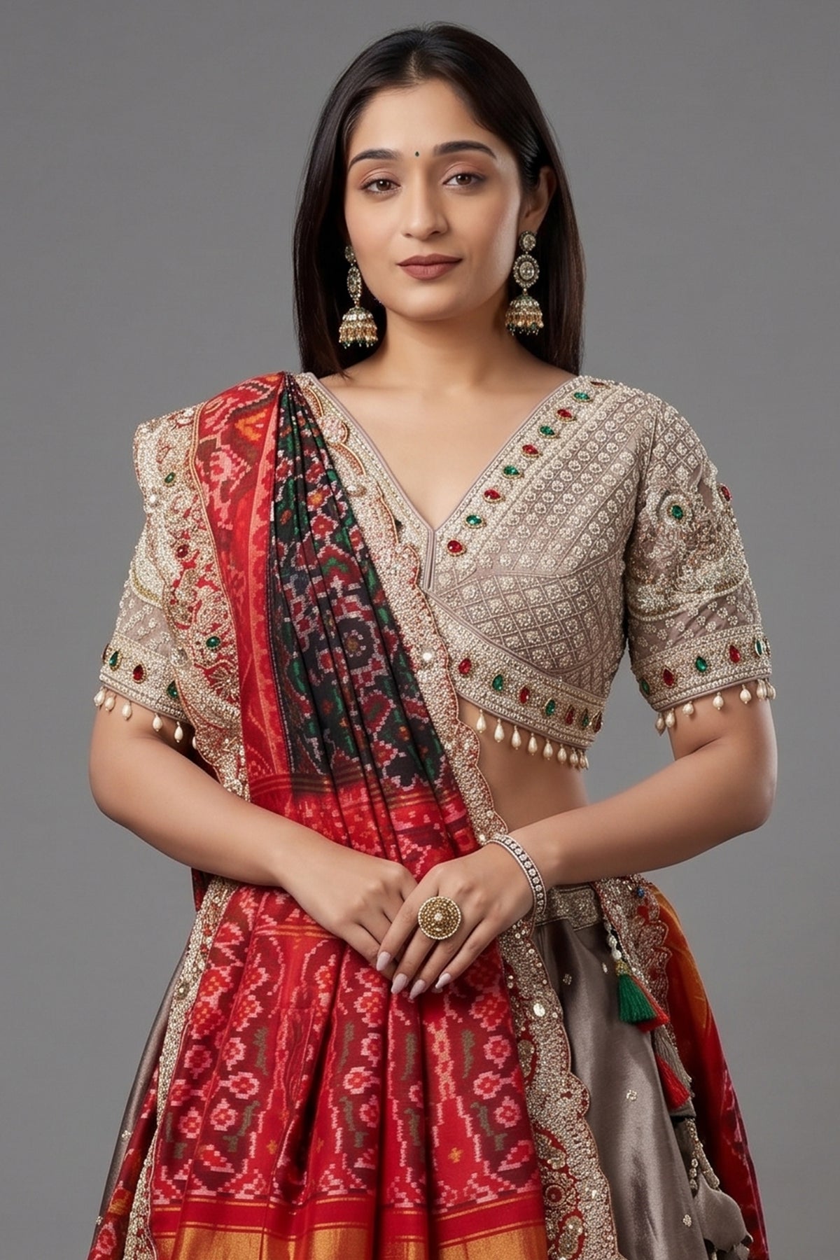 Silver Tissue Beaded and Cutdana Worked Lehenga - silver saree