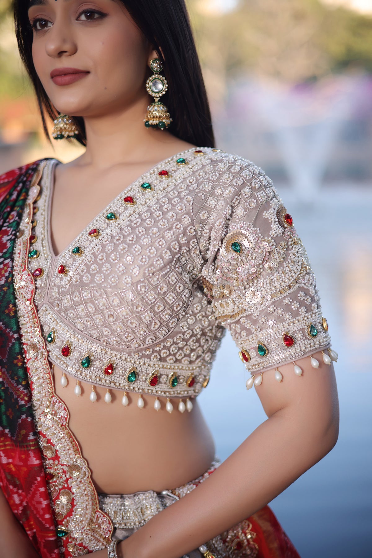 Silver Tissue Beaded and Cutdana Worked Lehenga - silver saree