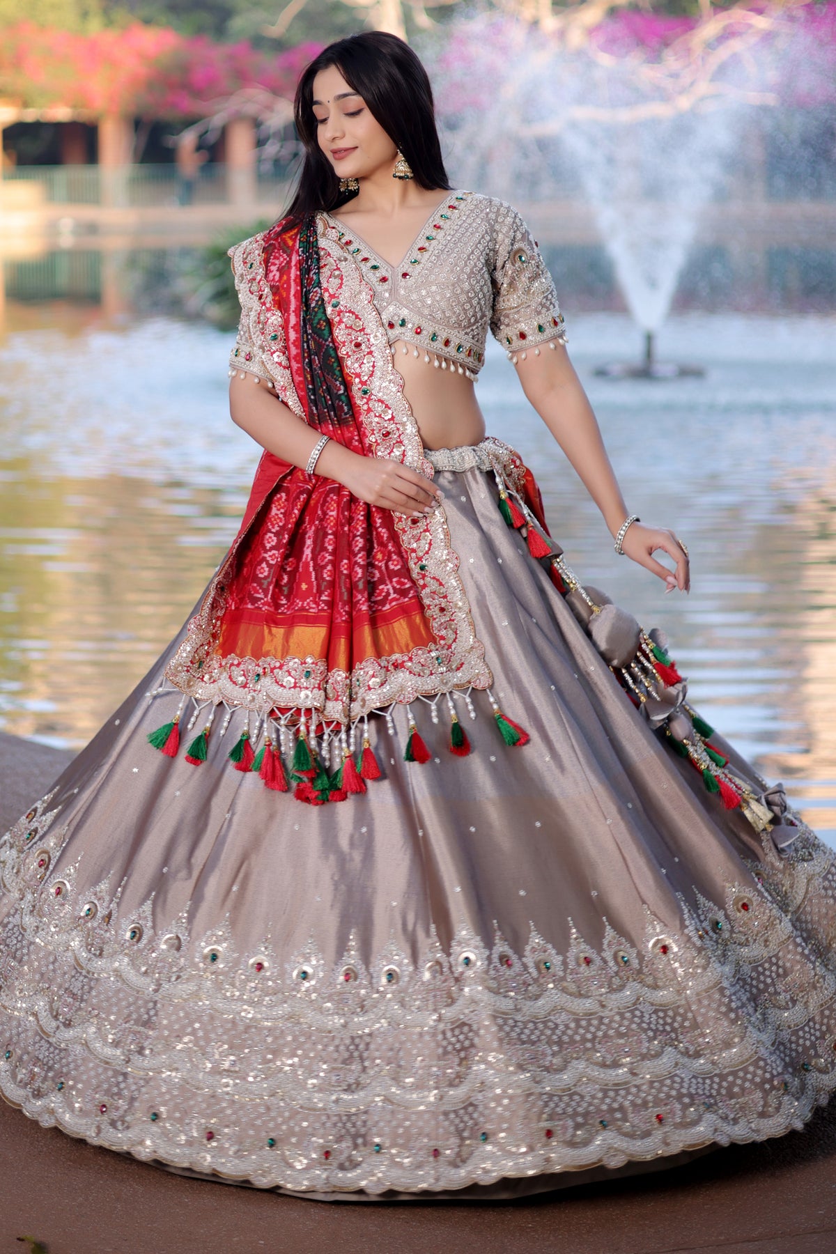 Silver Tissue Beaded and Cutdana Worked Lehenga - silver saree