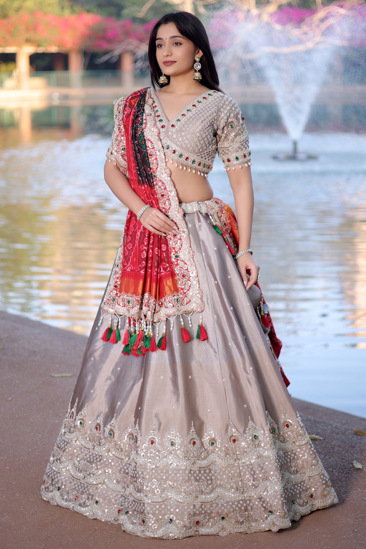 Silver Tissue Beaded and Cutdana Worked Lehenga - silver saree