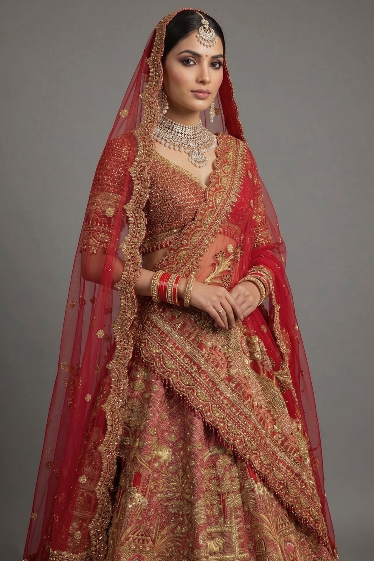 Red Matka Silk Designer Bridal Lehenga with Double Dupatta - red silk saree