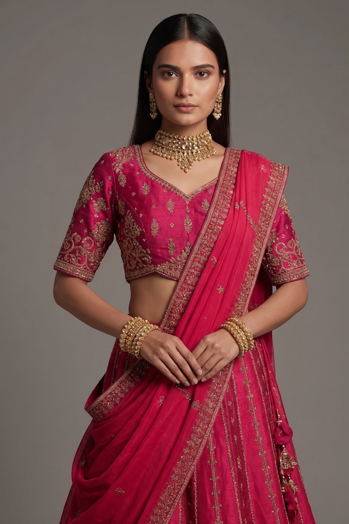 Magenta Silk Beaded and Zardosi Worked Lehenga - magenta silk saree