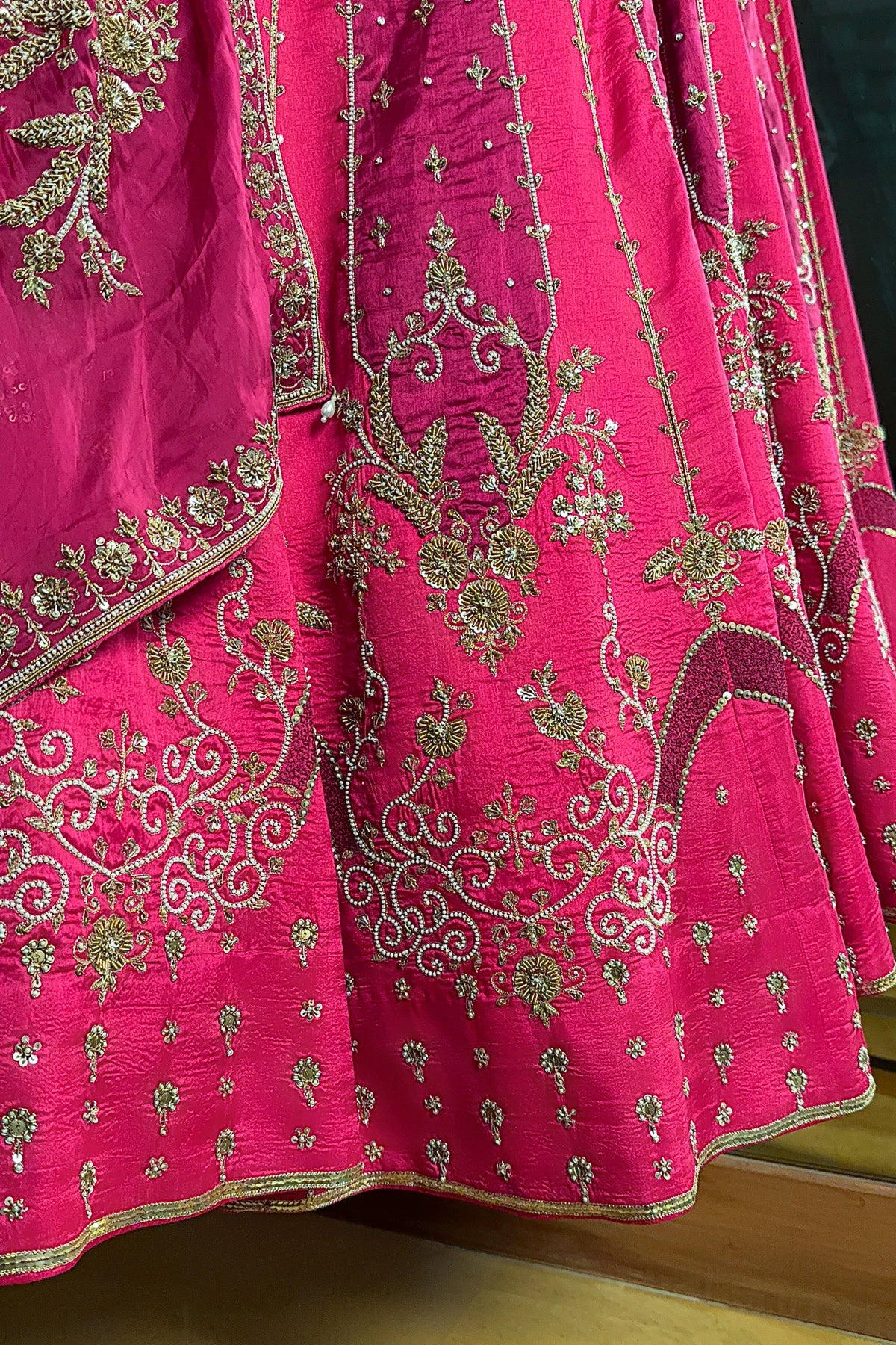 Magenta Silk Beaded and Zardosi Worked Lehenga - magenta silk saree