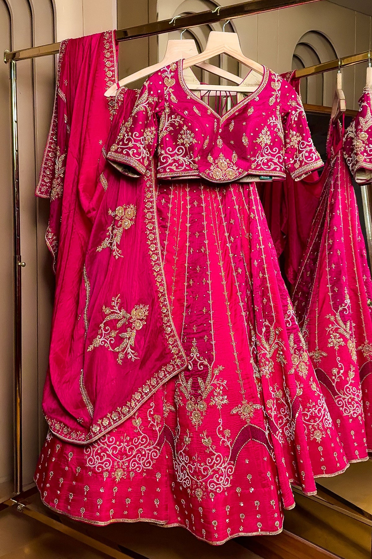 Magenta Silk Beaded and Zardosi Worked Lehenga - magenta silk saree