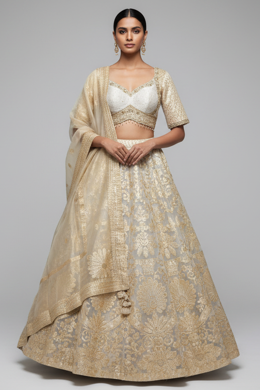 Off White Organza Woven Lehenga - white organza saree