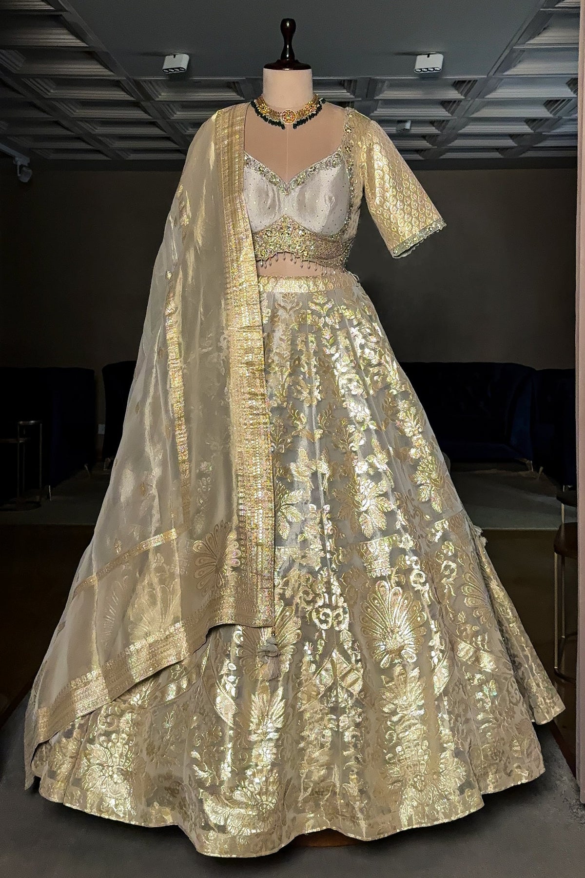 Off White Organza Woven Lehenga