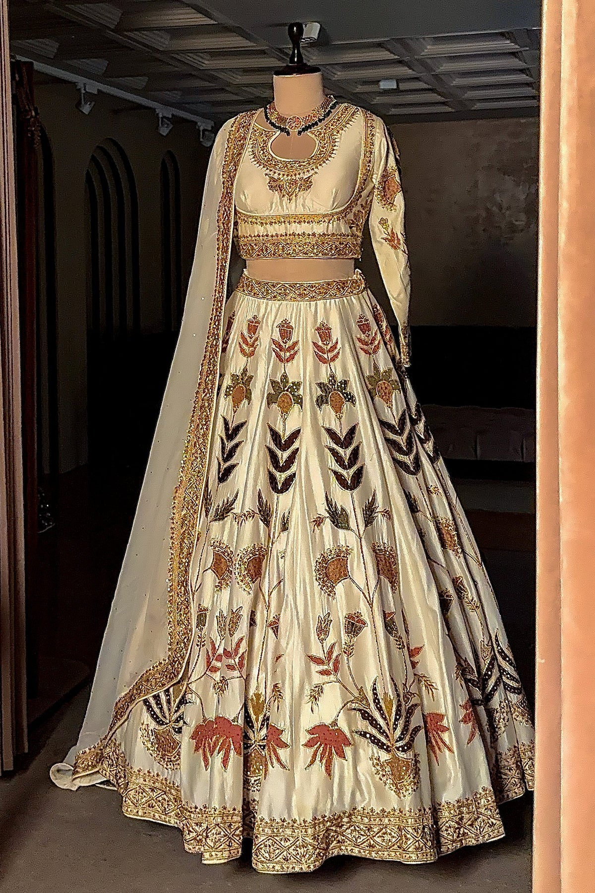 Pearl White Silk Patch Work Lehenga - white silk saree
