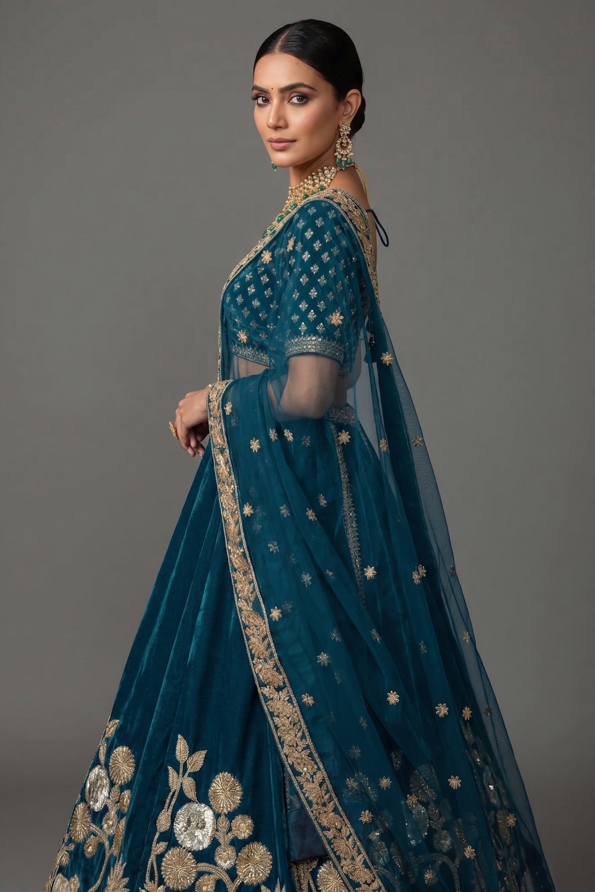 Rama Blue Organza Sequins and Zardosi Worked Lehenga - blue organza saree