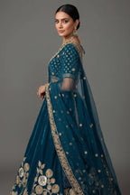 Rama Blue Organza Sequins and Zardosi Worked Lehenga - blue organza saree