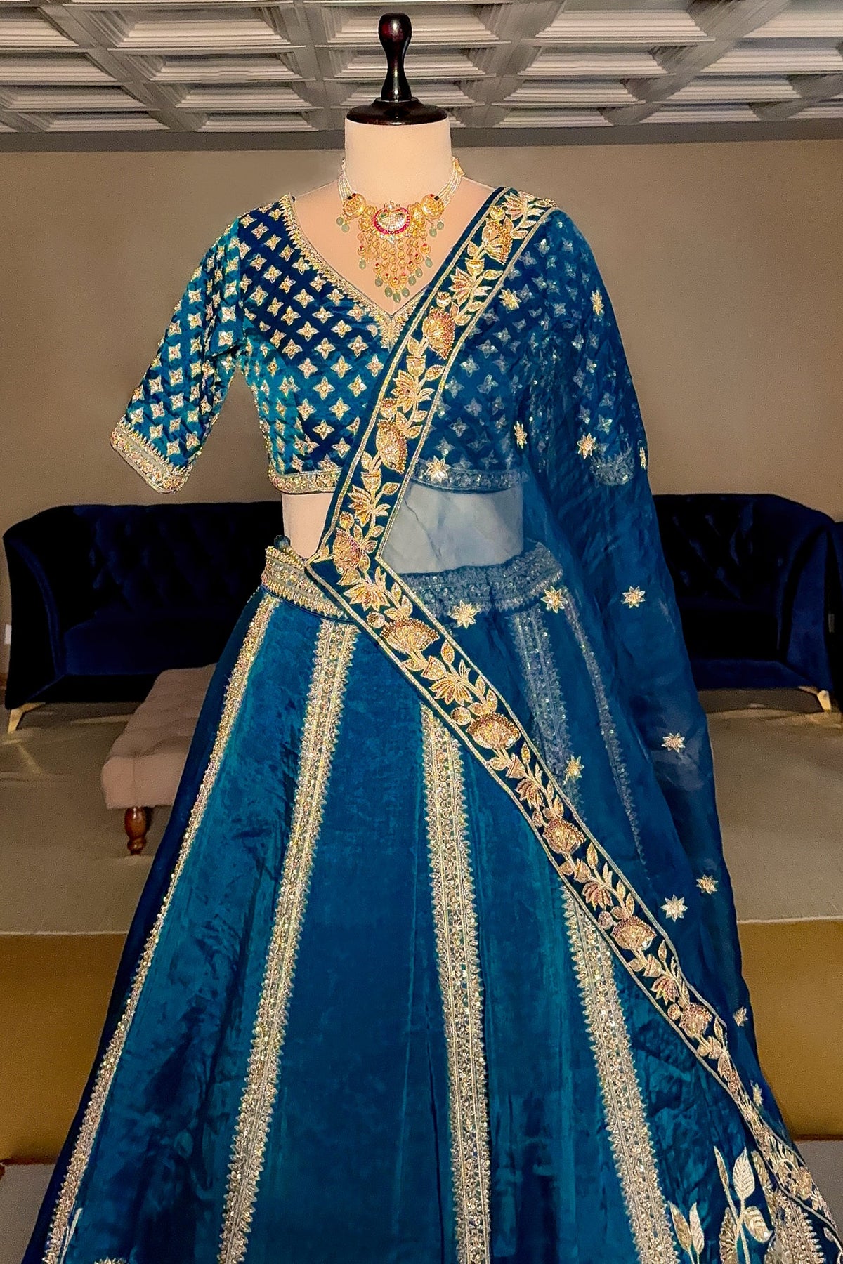 Rama Blue Organza Sequins and Zardosi Worked Lehenga - blue organza saree