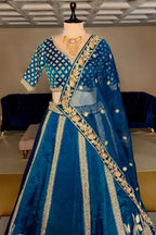 Rama Blue Organza Sequins and Zardosi Worked Lehenga - blue organza saree