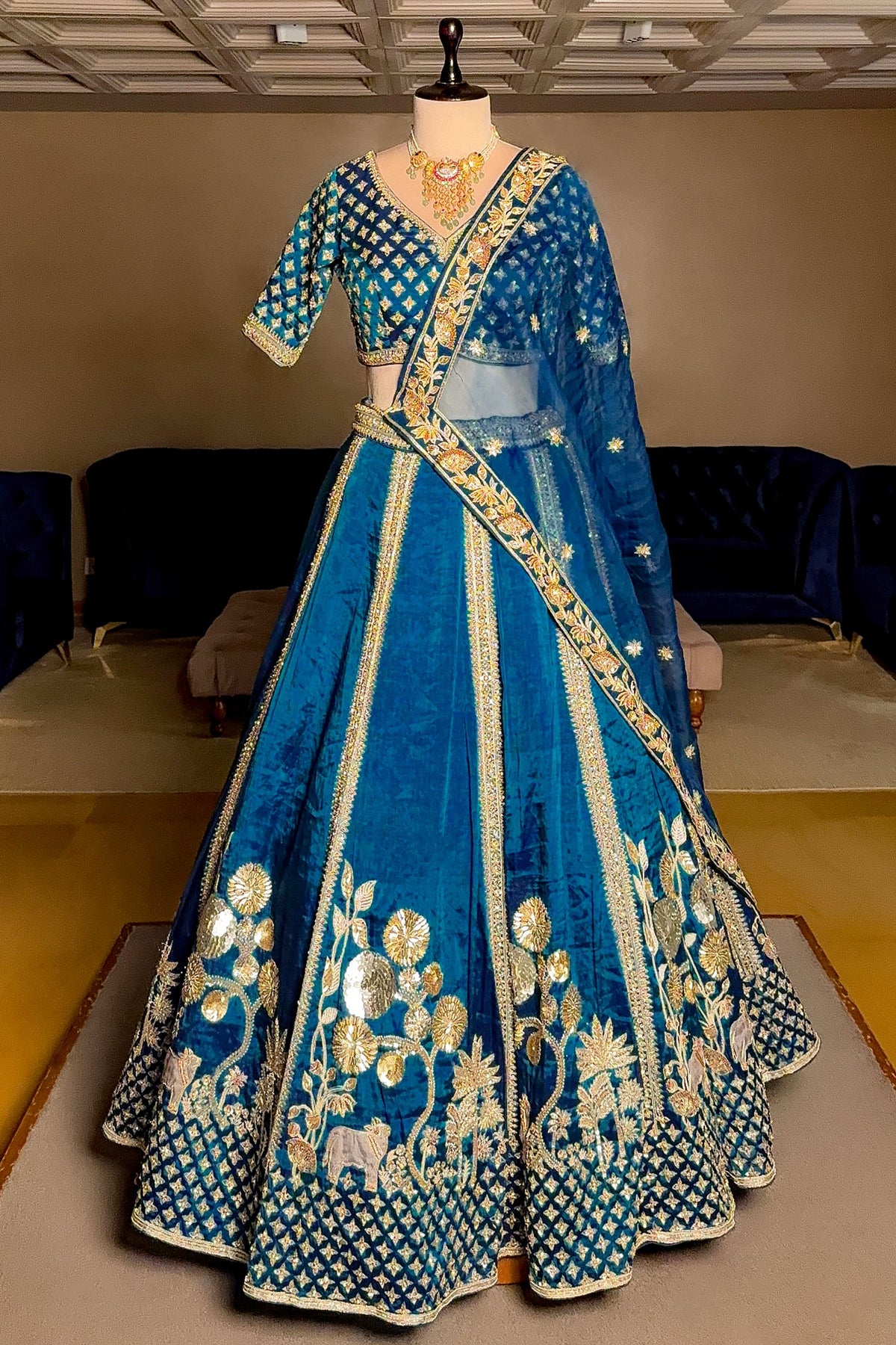 Rama Blue Organza Sequins and Zardosi Worked Lehenga - blue organza saree
