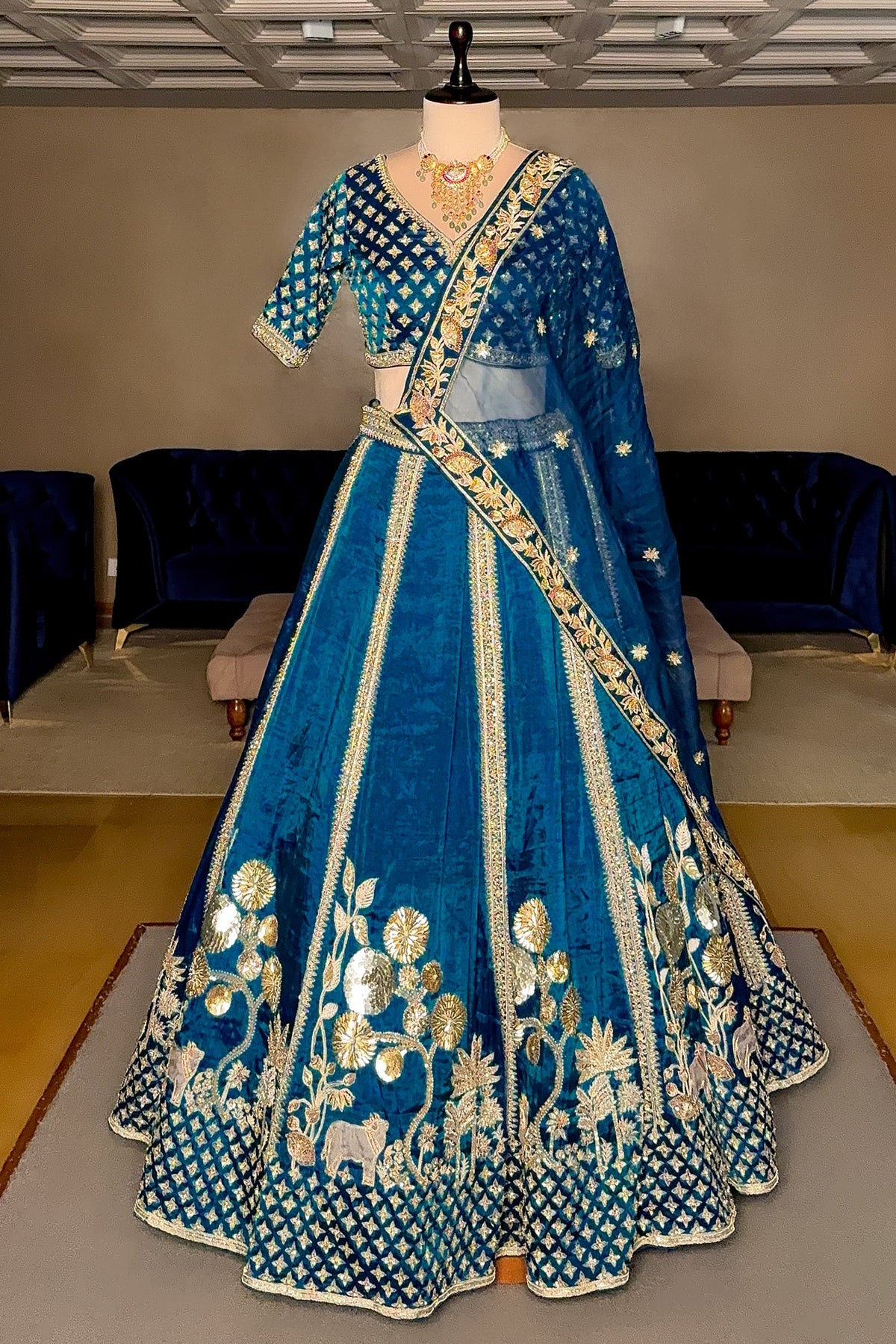 Rama Blue Organza Sequins and Zardosi Worked Lehenga