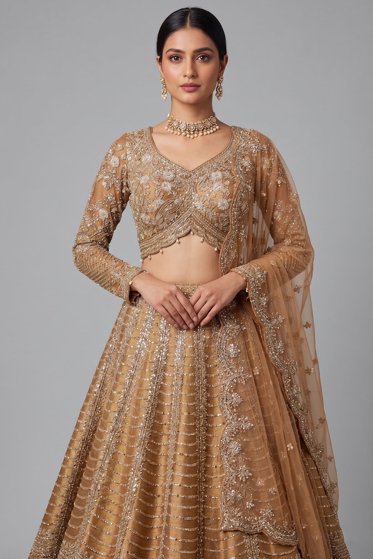 Brown Silk Mirror Worked Scallop Design Lehenga - brown silk saree
