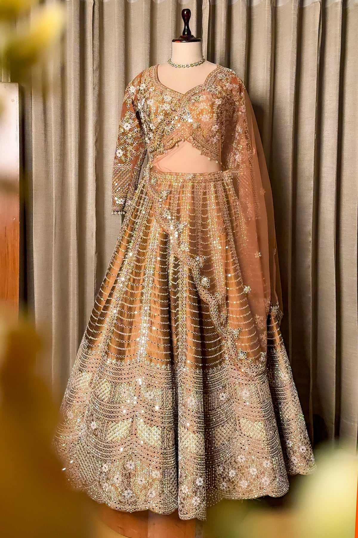 Brown Silk Mirror Worked Scallop Design Lehenga - brown silk saree