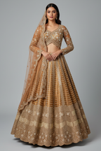 Brown Silk Mirror Worked Scallop Design Lehenga - brown silk saree