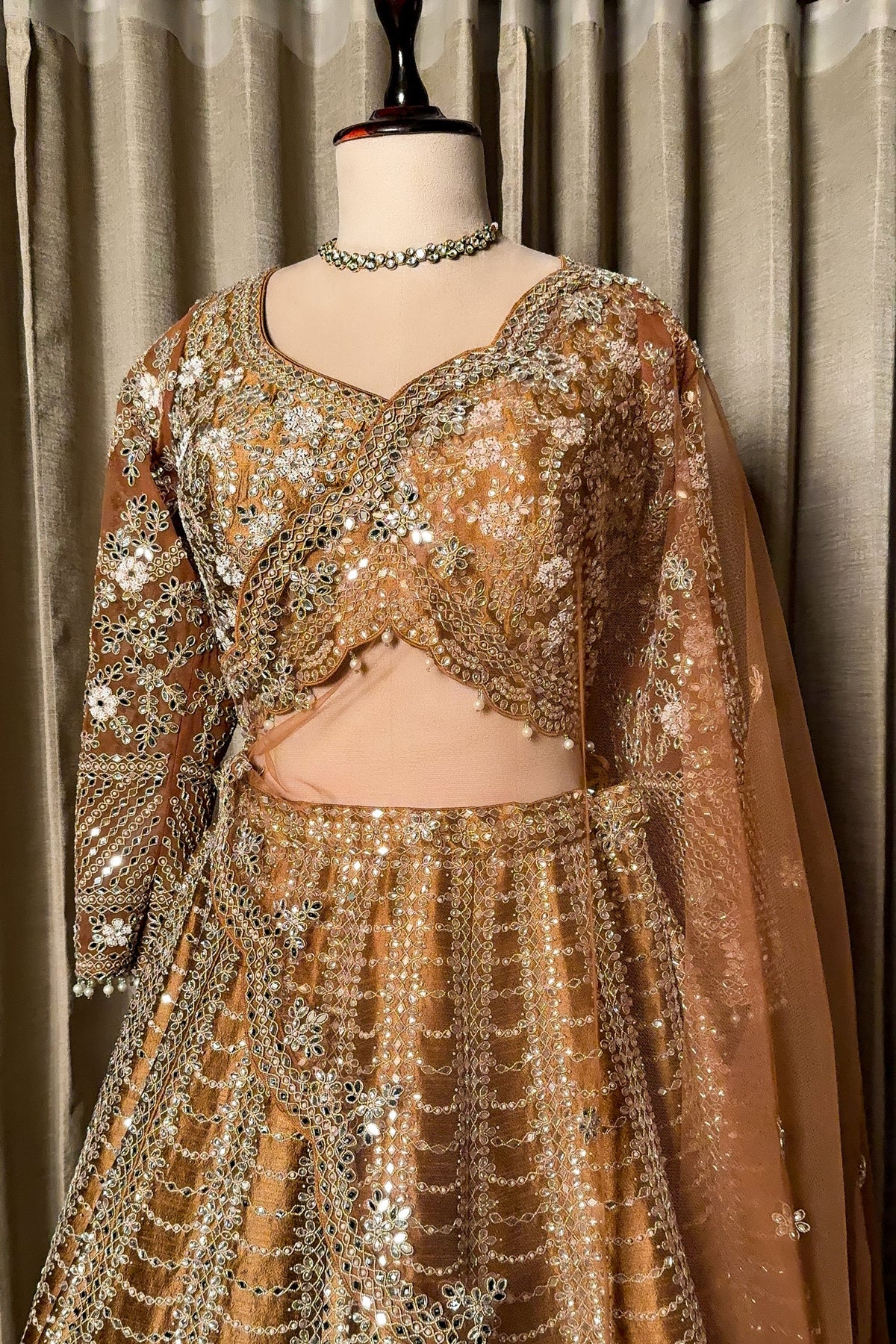 Brown Silk Mirror Worked Scallop Design Lehenga - brown silk saree