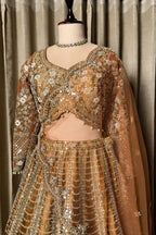 Brown Silk Mirror Worked Scallop Design Lehenga - brown silk saree