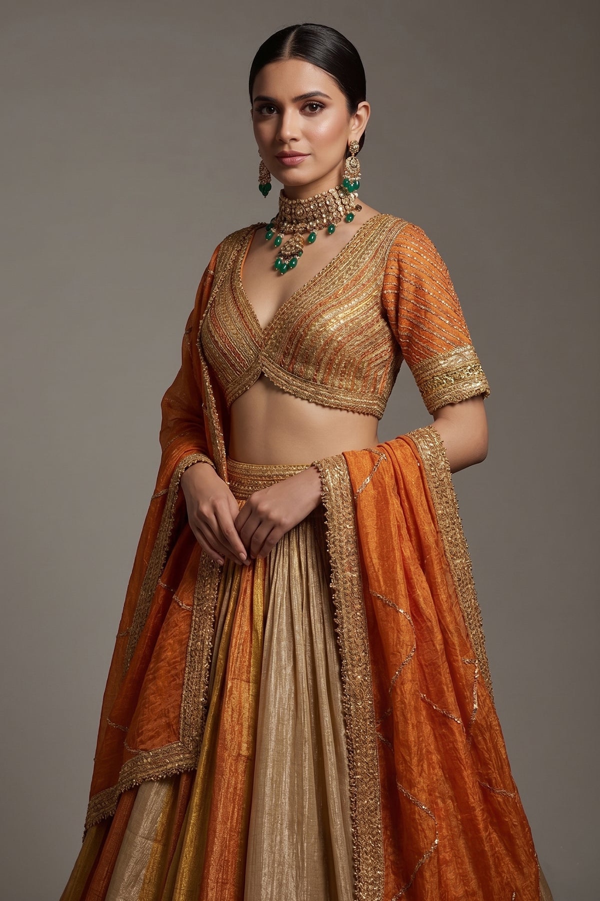 Multi Colored Tissue Organza Lehenga with Lace - red organza saree