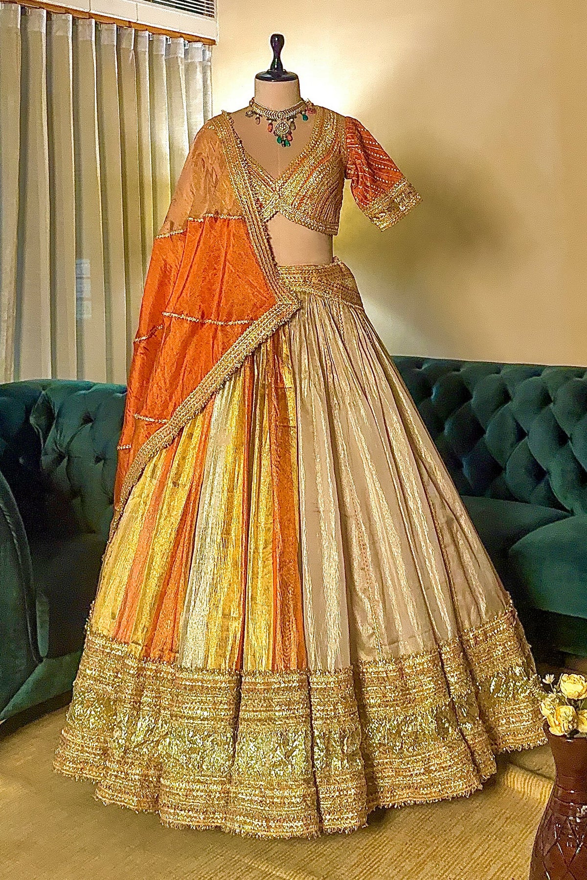 Multi Colored Tissue Organza Lehenga with Lace - red organza saree