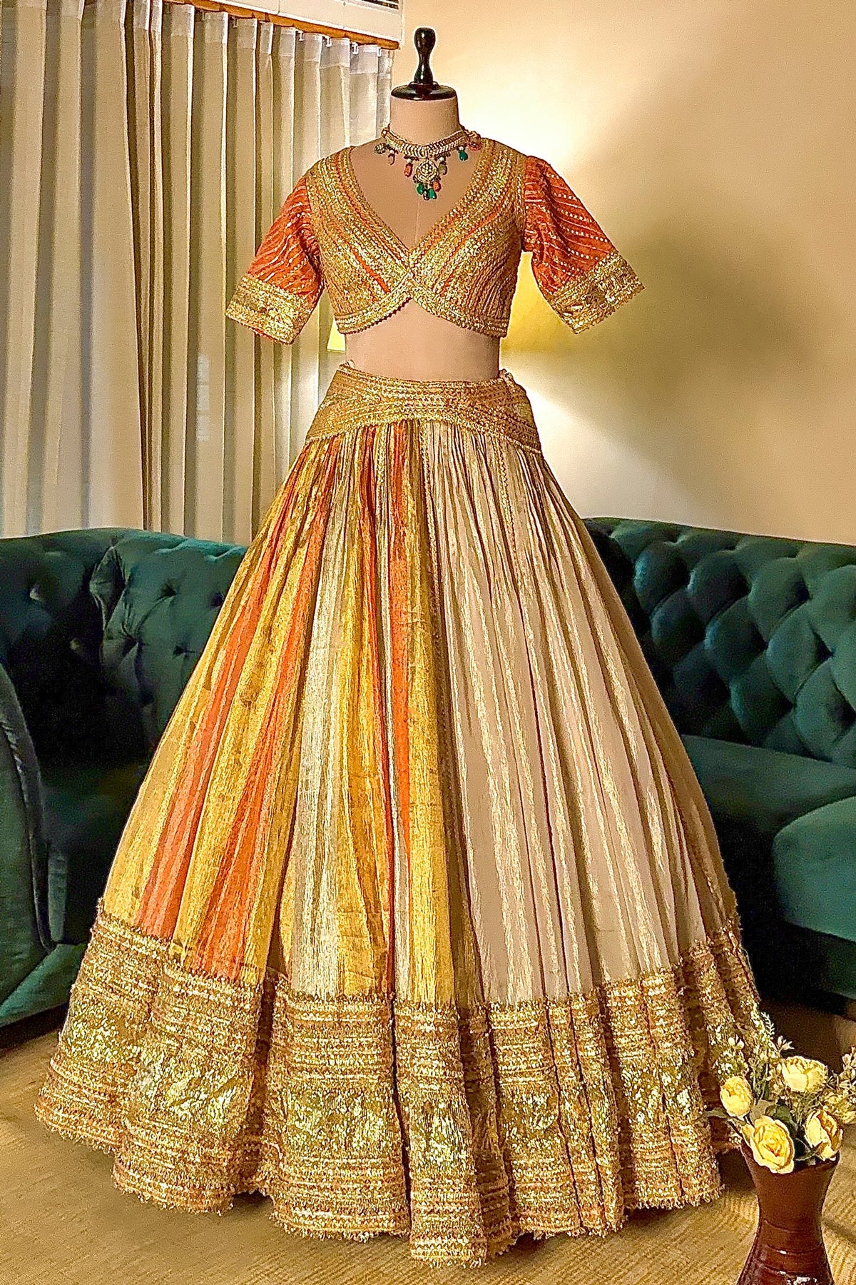 Multi Colored Tissue Organza Lehenga with Lace - red organza saree