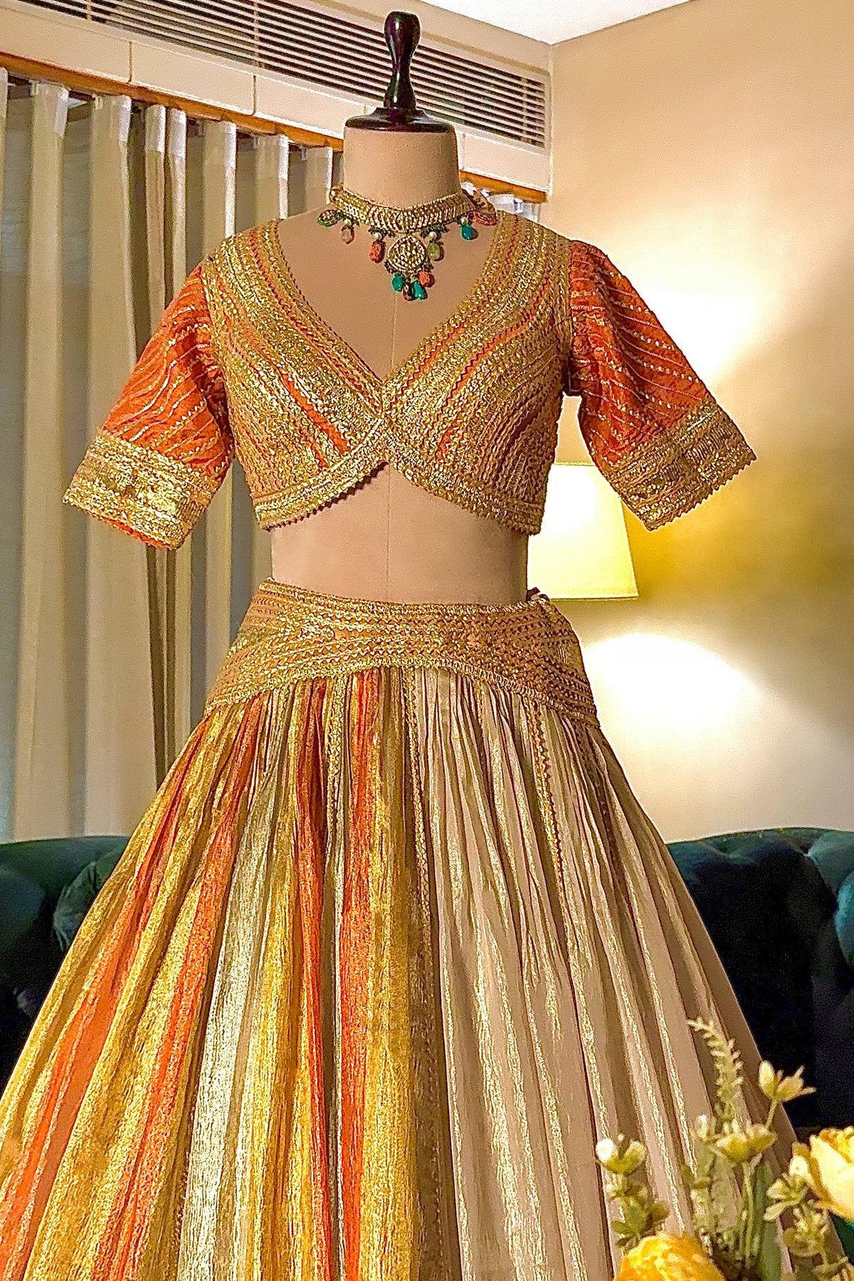 Multi Colored Tissue Organza Lehenga with Lace - red organza saree