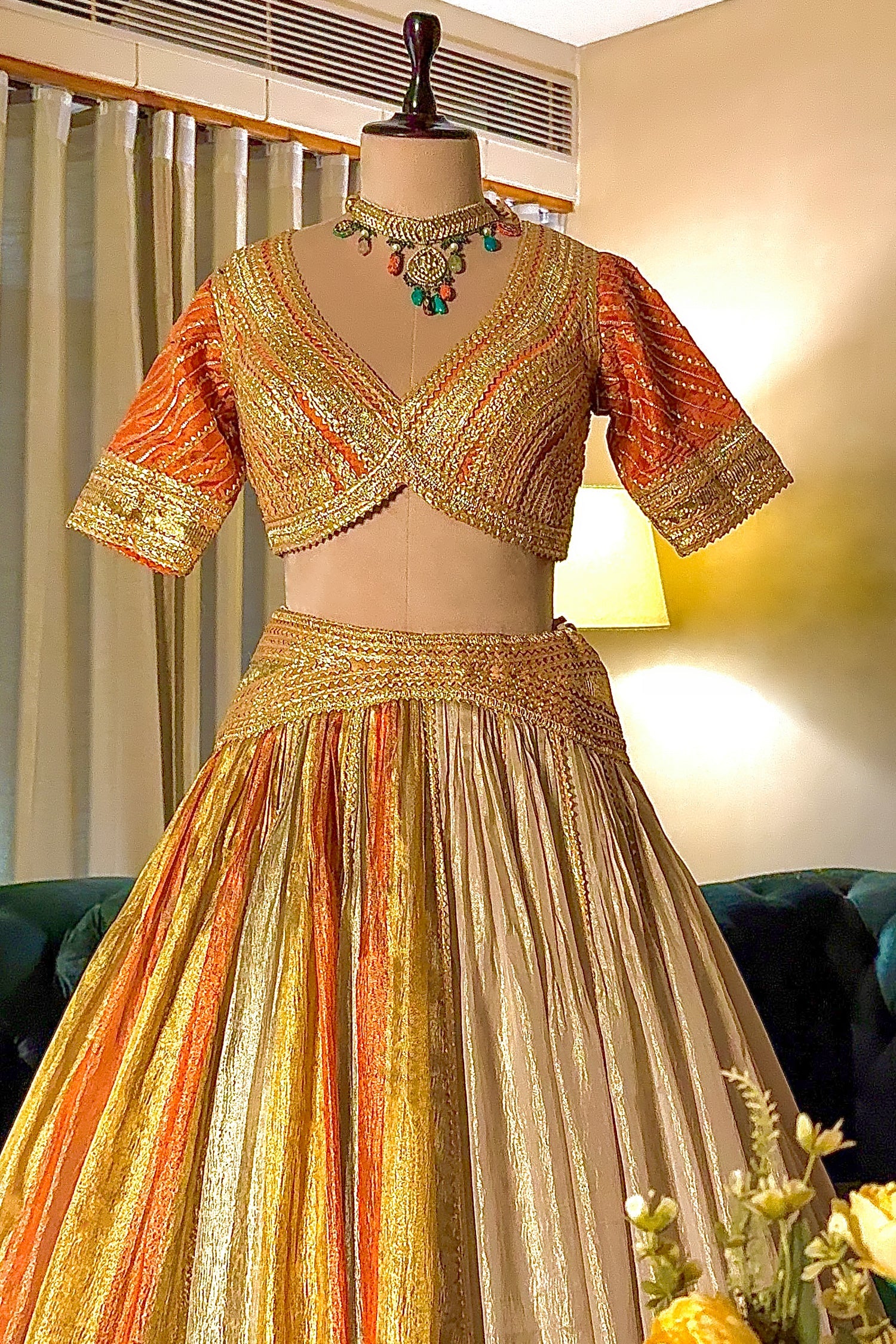 Multi Colored Tissue Organza Lehenga with Lace - red organza saree