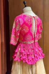 Champagne Beige Tissue Lehenga with Dramatic Tasselled Bandhej Crop Top Set