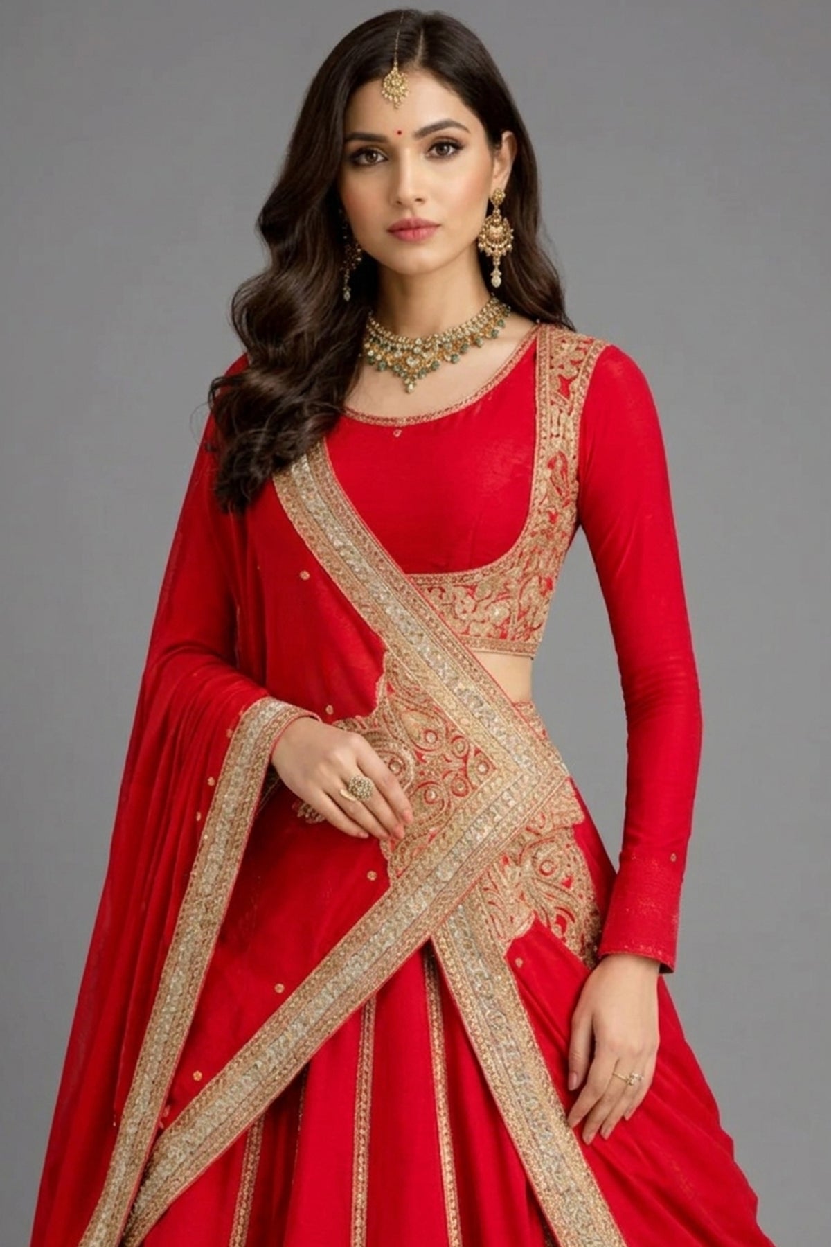Red Matka Silk Sequins embroidered Lehenga - red silk saree embroidered