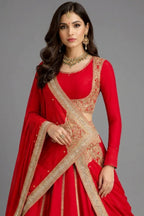 Red Matka Silk Sequins embroidered Lehenga - red silk saree embroidered