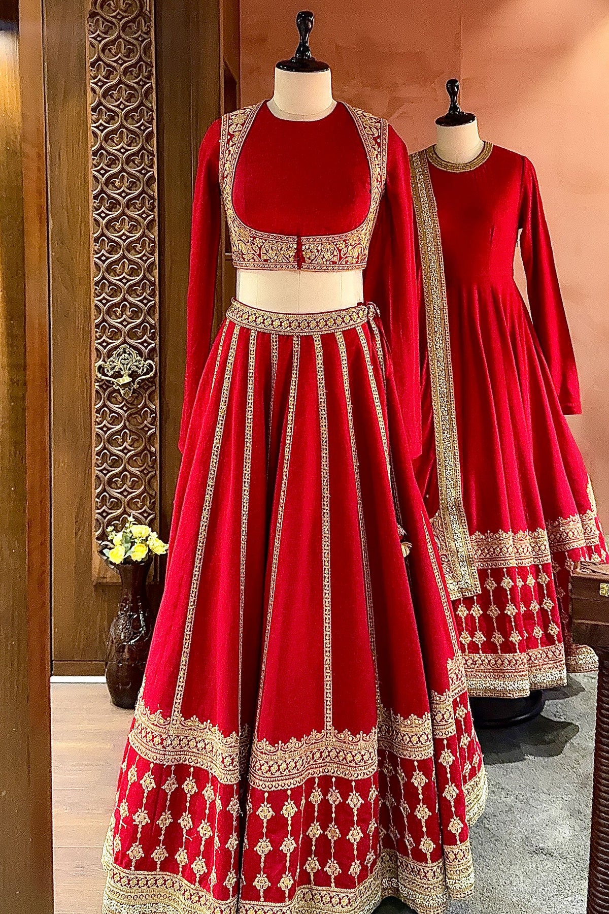 Red Matka Silk Sequins embroidered Lehenga - red silk saree embroidered